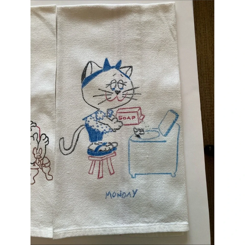 Vintage Kitty‎ Days of the Week Printed Tea Towels Set of 3 White Cotton 16x25